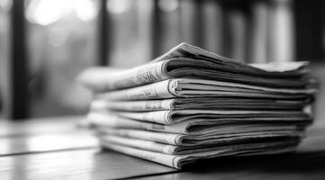 This monochromatic image beautifully showcases a neatly arranged pile of newspapers, reflecting the timeless essence of print media and its crucial role in communication across various societies photo