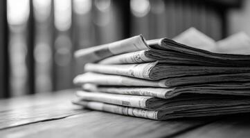 A monochrome image shows a stack of vintage newspapers on a rustic table, evoking nostalgia and inviting reflection on the past and the timeless stories contained within their pages photo