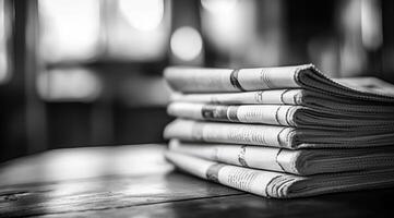 A strikingly stark black and white image showcases a meticulously organized and neat stack of newspapers, drawing attention to their beautifully textured pages and the elegance of their simplicity photo