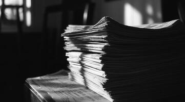 This striking black and white image features a stacked pile of papers, highlighting intricate textures and shadows in a minimalist style, creating a contrast that captivates the viewer photo