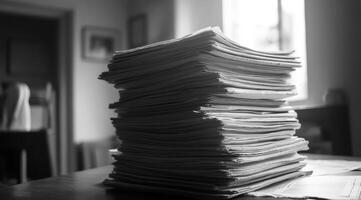 This blackandwhite image showcases a tall stack of neatly arranged papers. The contrast and textures evoke order amidst chaos, inviting contemplation and inspiration from the scene photo