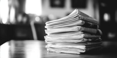 This monochrome image presents a beautiful, artistic view of neatly stacked newspapers, evoking a strong nostalgic feeling tied to the rich history of classic journalism and storytelling practices photo