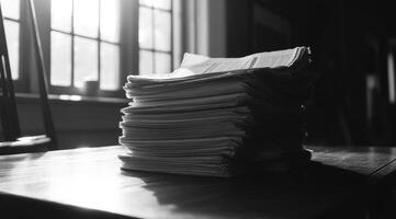 The monochrome photograph shows a neatly stacked pile of newspapers on a rustic wooden table, illuminated by soft natural light from nearby windows, enhancing the scenes warm atmosphere photo