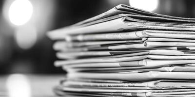 This captivating image features a closeup of neatly stacked newspapers in a striking black and white palette, highlighting their intricate texture, depth, and layered arrangement photo