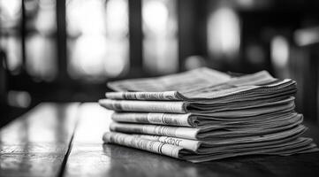 A charming pile of black and white newspapers is resting gently on a beautifully crafted wooden table, perfectly capturing a nostalgic feel in a calm and serene environment that invites contemplation photo