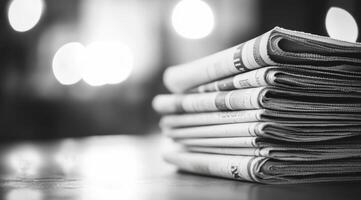 A monochrome image captures a neatly arranged stack of newspapers, evoking feelings of nostalgia and emphasizing the timeless essence of print media that has persisted throughout the years photo