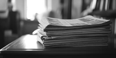 A monochromatic and artistic view of neatly stacked newspapers evokes a feeling of nostalgia and timeless elegance, capturing the true essence of printed media in our everevolving digital age photo