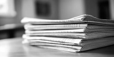 A neatly arranged stack of black and white newspapers, capturing the true essence of traditional media while evoking a sense of nostalgia in a beautifully minimalist and artistic style photo