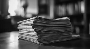 This captivating artwork presents a unique stack of black and white newspapers, skillfully emphasizing the enduring significance of print media in our rapidly evolving and digitaldriven world today photo