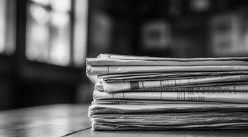 This captivating black and white image shows a neat pile of newspapers on a rustic wooden table, reflecting the timeless essence of classic journalism and evoking a sense of nostalgia photo