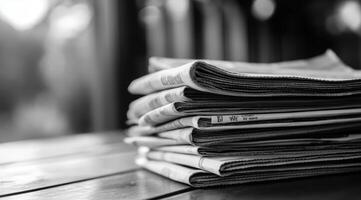 This monochrome image beautifully showcases a neatly stacked collection of newspapers, effectively illustrating the timeless art of journalism set against a rustic wooden surface, evoking nostalgia photo