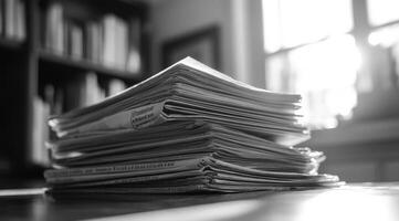 A monochrome image beautifully showcases a piled stack of papers, evoking a sense of organized chaos in a serene office environment, making it the perfect choice for various social media themes photo