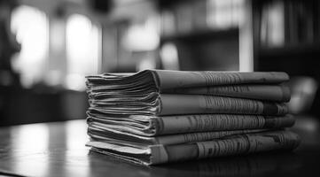 This image showcases a striking black and white view of neatly stacked newspapers, evoking nostalgia for traditional media and journalism that were once central to communication and information photo