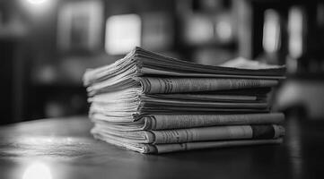 A captivating black and white image that beautifully showcases a neat and carefully arranged stack of newspapers, evoking a profound sense of nostalgia and timelessness specifically in print media photo