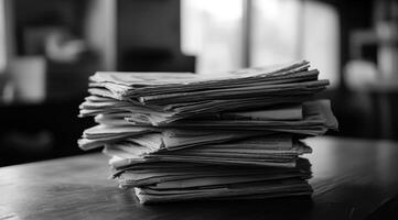 This engaging monochrome photograph presents a striking stack of newspapers, truly evoking a sense of nostalgia and inspiring deep reflection on the powerful and enduring printed word photo