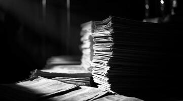 This striking black and white image artfully features a neatly organized stack of papers, bathed in soft light, which evokes a profound feeling of nostalgia and sophistication that draws viewers in photo