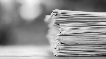 This stunning image features a closeup of a neatly arranged stack of papers. Captured in black and white, it highlights elegance in simplicity and the impressive details of careful organization photo