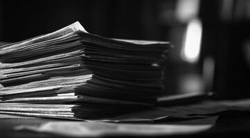 This is a detailed closeup shot that captures stacked papers presented in black and white, ultimately reflecting a strong sense of organization and deep contemplation within a professional setting photo
