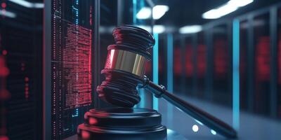 A judicial gavel rests prominently within a futuristic artificial intelligence data center, beautifully blending the concepts of legal authority and advanced technology in a harmonious manner photo