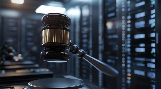 un judicial mazo posicionado prominentemente dentro un lo último ai datos centro, representando el significativo y dinámica intersección de ley y avanzado tecnología en contemporáneo sociedad foto