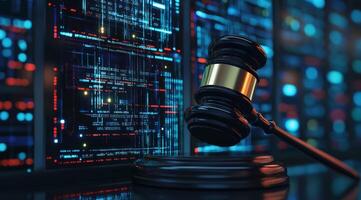 A judicial gavel rests prominently at the very forefront of a vibrant and hightech artificial intelligence data center, symbolizing the important intersection of law and advanced technology photo