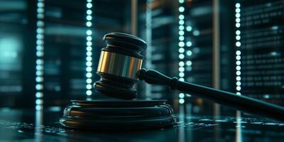 A judicial gavel sits prominently on a reflective surface within a cuttingedge AI data center, symbolizing the fascinating intersection where law meets cuttingedge technology and innovation photo
