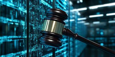 A gavel at an AI data center symbolizes the convergence of law and technology, highlighting their vital intersection and the significant implications for the future development of both fields photo