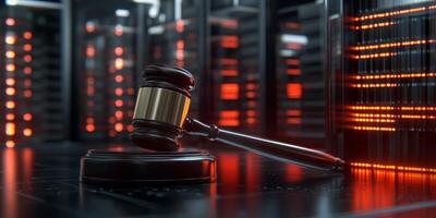 A striking visual of a judicial gavel placed in a futuristic AI data center, blending law and technology in a digital landscape photo