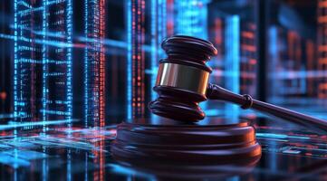 A judicial gavel rests prominently in a futuristic data center, effectively symbolizing the crucial intersection of established law and advanced artificial intelligence technology innovation photo