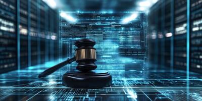 Imagine a judicial gavel gracefully resting within a stateoftheart AI data center, representing the profound intersection where law meets rapidly advancing technology in our modern world photo