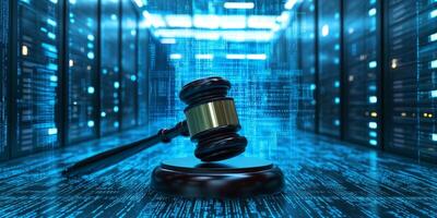 The image prominently showcases a judicial gavel placed in front of a contemporary AI data center, underscoring the crucial connection between law and technology in our rapidly evolving society today photo