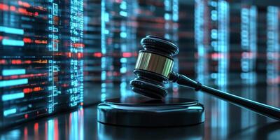 Imagine a striking image of a gavel in front of a lively AI data center, symbolizing the crucial intersection of law and technology in our fastevolving world, where both influence each other photo