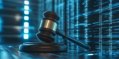 A judicial gavel is carefully positioned on a sleek digital surface, symbolizing the critical intersection where traditional law meets the cuttingedge world of artificial intelligence technology photo