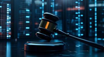 A judicial gavel is prominently positioned within a cuttingedge AI data center, symbolizing the vital intersection and convergence of law and technology in todays society and future photo