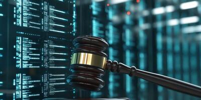 A judicial gavel carefully positioned at an artificial intelligence data center serves to symbolize the important and significant intersection of law and technology in our modern era of innovation photo