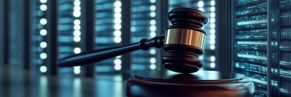 A judicial gavel rests prominently in an advanced AI data center, symbolizing the powerful and important intersection of law, technology, and justice in our rapidly evolving digital age today photo
