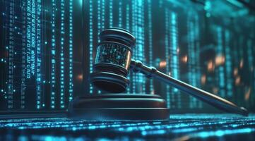 A gavel against dynamic digital data symbolizes the complex intersection of law and technology, highlighting the relationship between justice and advancements in artificial intelligence photo