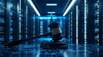 This artwork contrasts the timeless concept of justice with advancing technology, featuring a traditional gavel in front of a futuristic AI data center, prompting thought on their interplay photo
