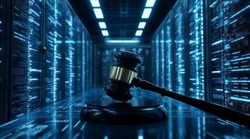 This image contrasts a traditional court gavel, symbolizing justice, with a modern AI data center, highlighting the vital relationship between law and technology in shaping our future photo