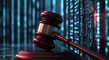 un tradicional mazo contrastes con el rápido fluir de digital datos, destacando el intersección de ley, justicia, y el avances en ai tecnología ese influencia hoy legal paisaje foto