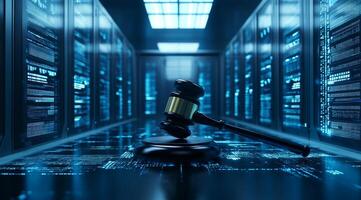 In an innovative AIdriven data hub, a gavel powerfully symbolizes the essential link between law and technology, shining a light on their critical intersection in our rapidly evolving world today photo