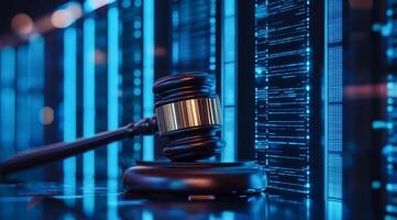 A solitary gavel rests on a beautifully polished desk that stands in front of cuttingedge AI servers, symbolizing the crucial and important link between law and technology in our modern society photo