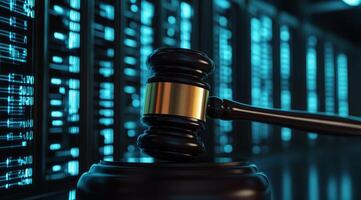 A judicial gavel is prominently displayed in an artificial intelligence data center, serving as a powerful symbol that represents the vital intersection of law and technology in todays society photo