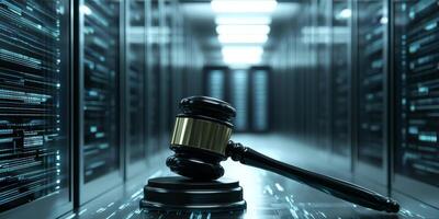 A gavel in an AI data center symbolizes the complex intersection of law and technology, highlighting their significant influence on each other in todays rapidly evolving digital age photo