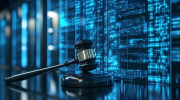 A judicial gavel placed against a backdrop of an artificial intelligence data center, symbolizing the intersection of law and technology photo