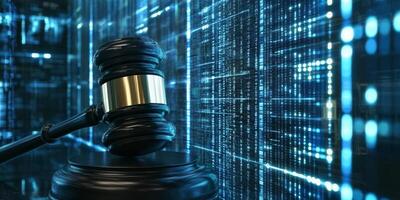 A symbolic representation featuring a judicial gavel set against the backdrop of a modern digital data center, illustrating the essential intersection of law and technology in todays society photo