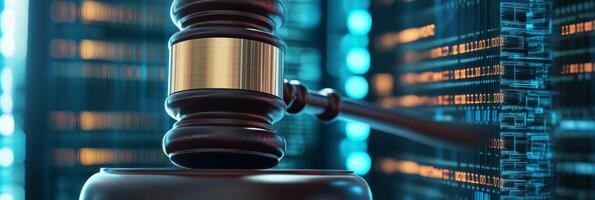 A judicial gavel, symbolizing authority and justice, is positioned prominently against a backdrop of a hightech AI data center, illustrating the critical intersection of law and advanced technology photo