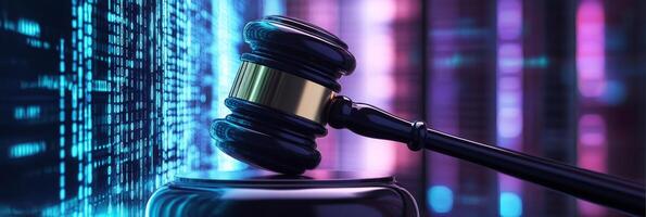 This striking visual depicts a judicial gavel placed against the dynamic backdrop of vividly glowing AI data streams, symbolizing the essential and vital intersection between law and technology today photo