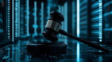 A gavel on a podium in an AI data center symbolizes the blend of legal traditions and advancements in AI, marking a key moment in the legal fields adaptation to modern tools and systems photo