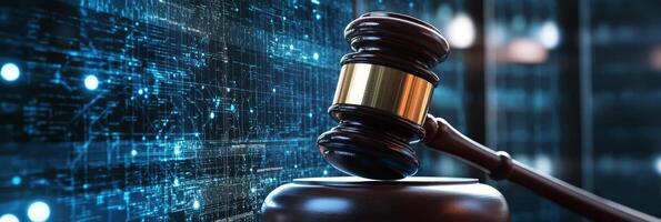 un judicial mazo soportes en contra un moderno ai datos centro, simbolizando el intersección de ley, justicia, y tecnología en hoy complejo sociedad y el evolucionando paisaje de legal practicas foto